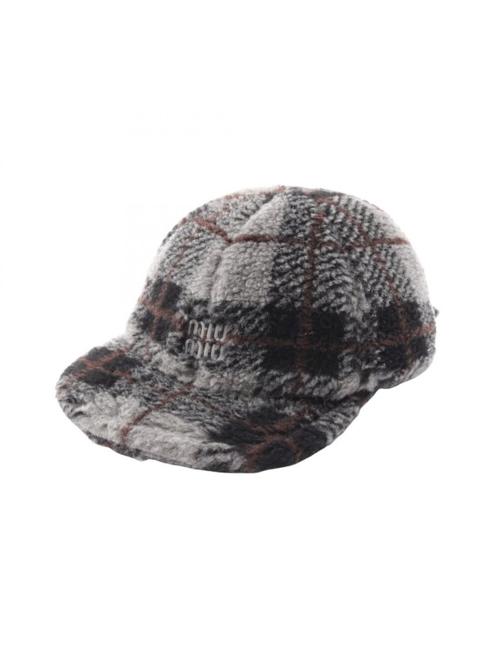 Miu Miu Cap Plaid Logo Embroidery Fleece Gray Wool